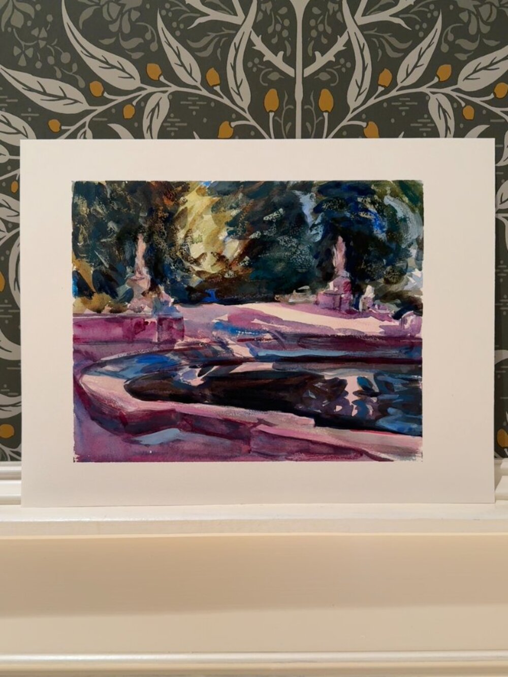 Original Sunlit Villa Courtyard Garden Watercolor Painting
